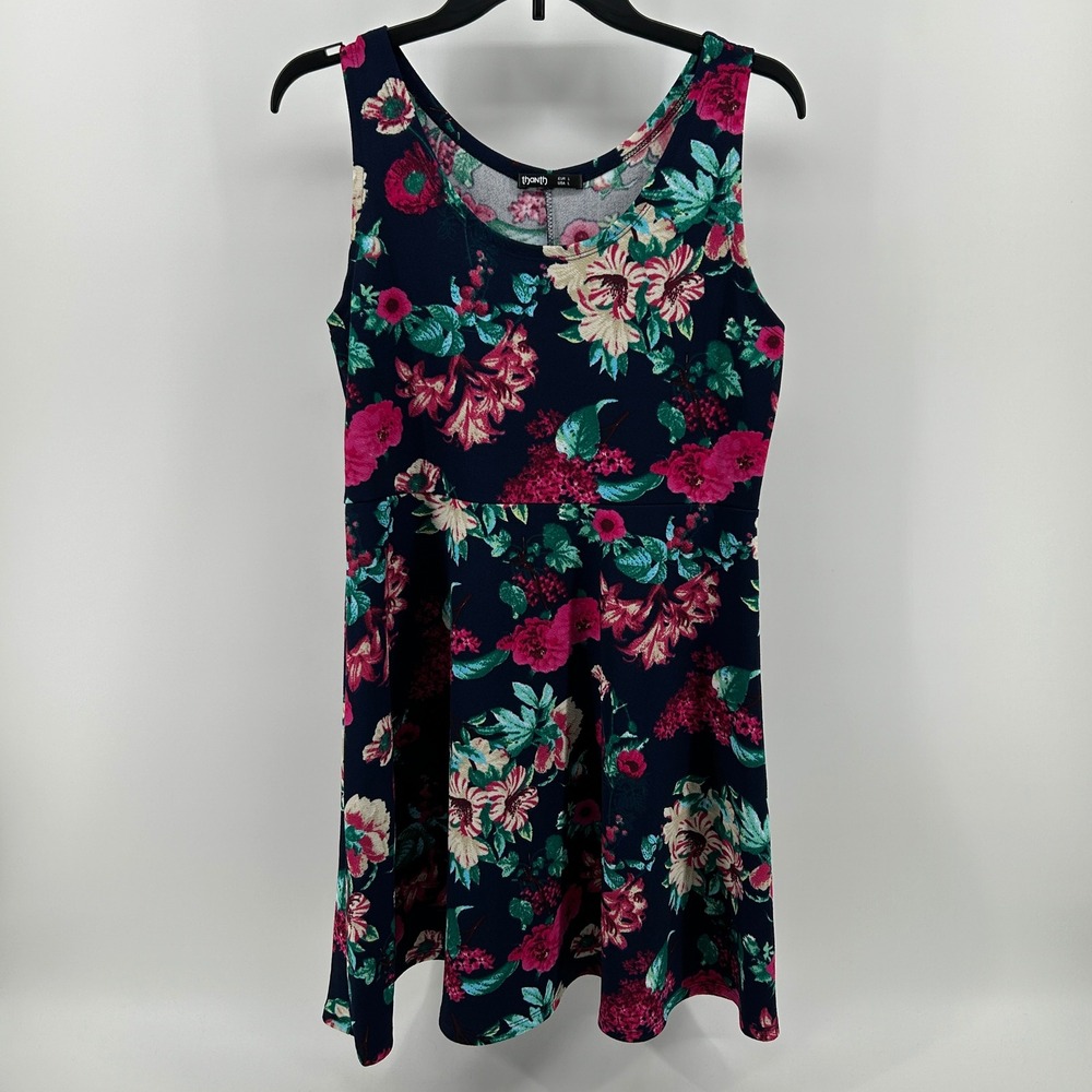 Thanth Navy‎ Blue Colorful Floral Sleeveless Fit and Flare Skater Tank Dress L